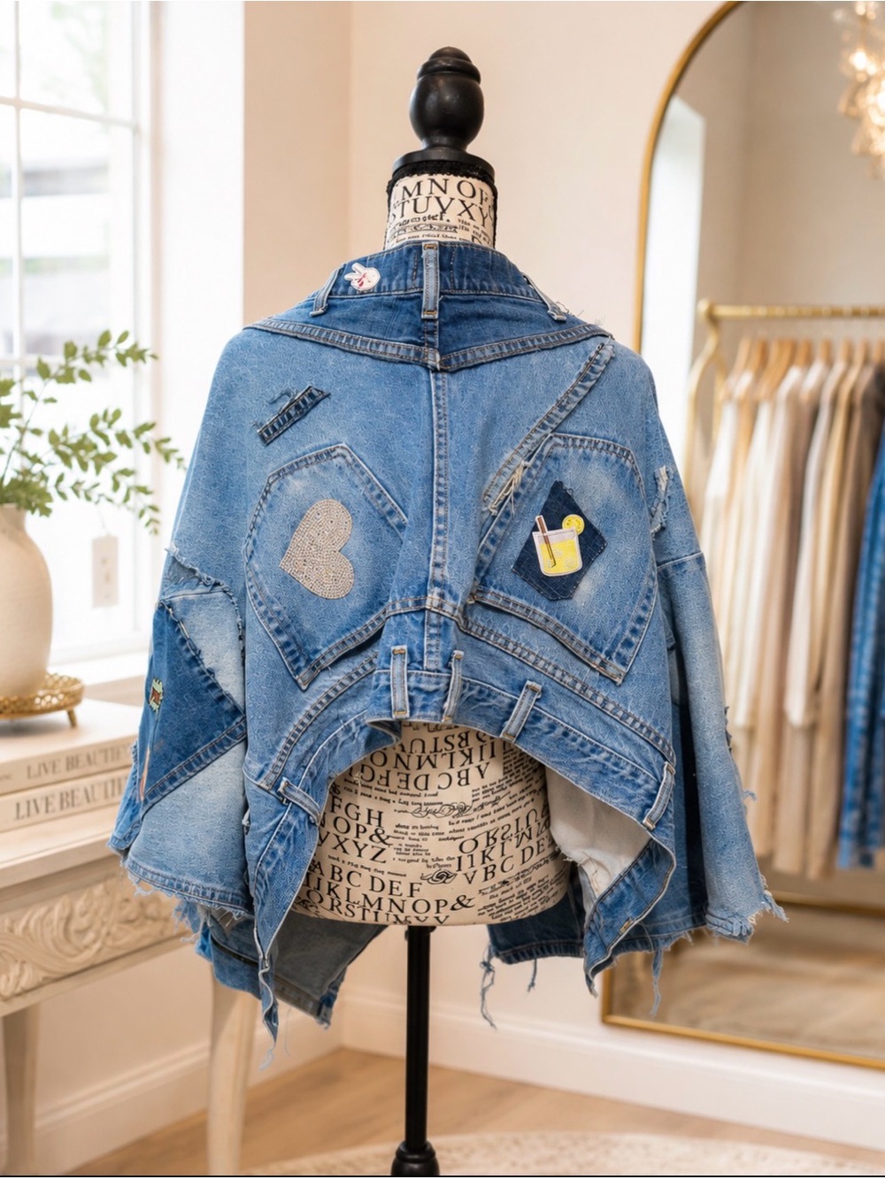 Blue Patchwork Distressed Denim Jacket - Womens